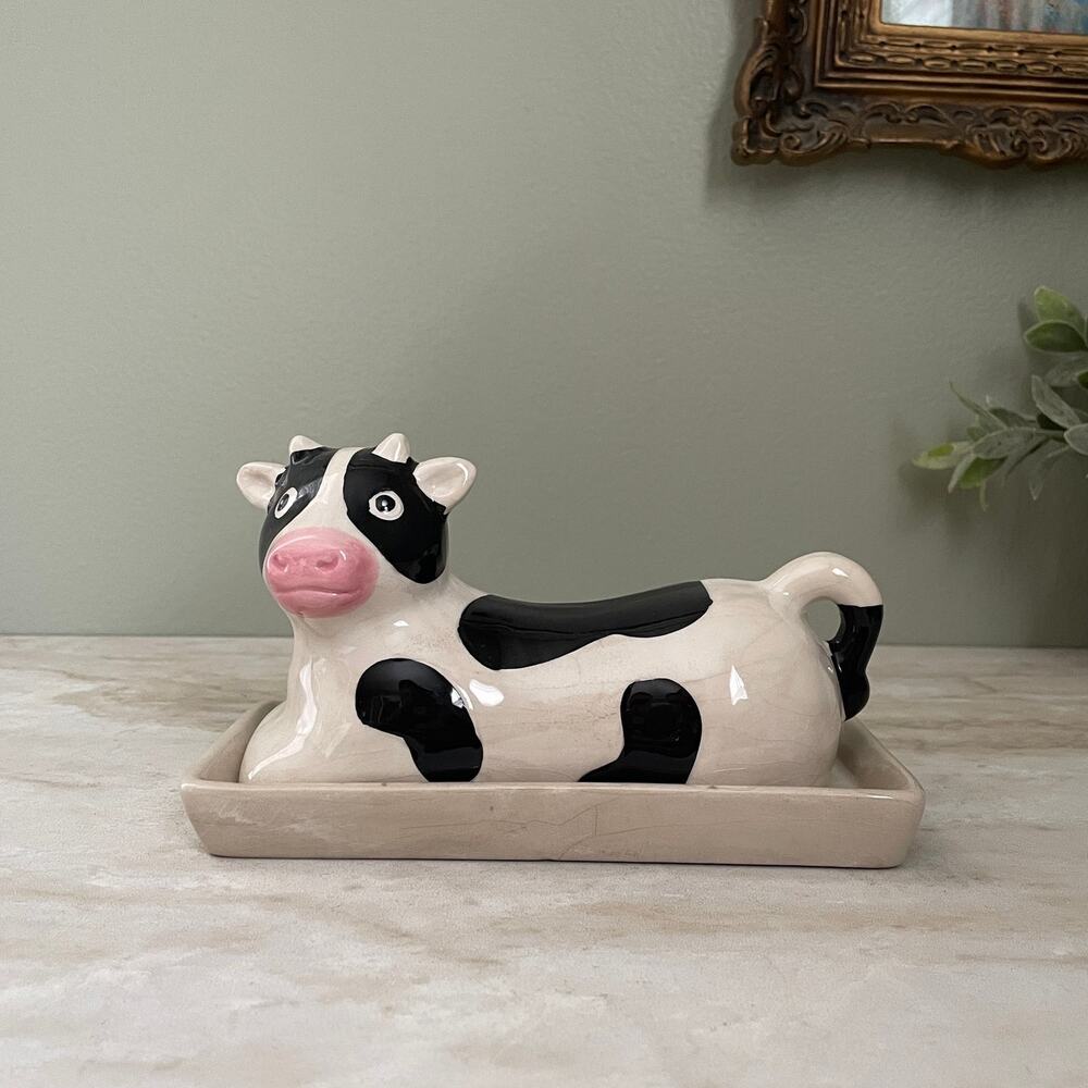 Vintage Ceramic Cow Butter Dish | Farmhouse Kitchen Decor